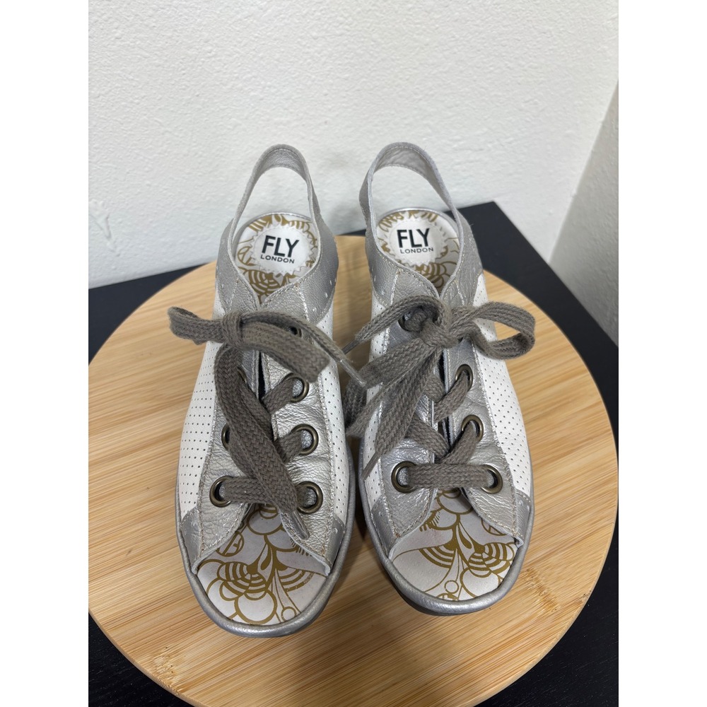 Fly London Yuta Wedge Sandals 39 Silver White Leather Lace Up Platform Slingback - Picture 2 of 11